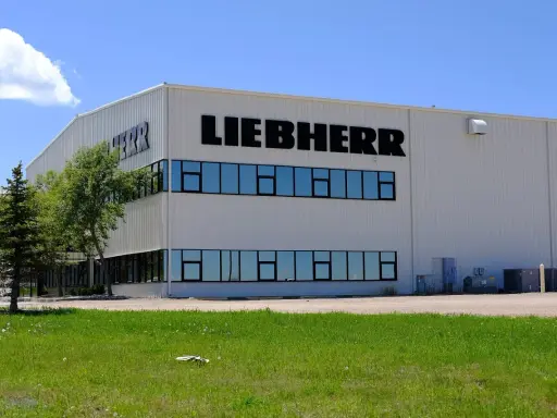 Fabryka Liebherr, gdzie produkowane są lodówki, to nowoczesny budynek z dużymi oknami i logo firmy.