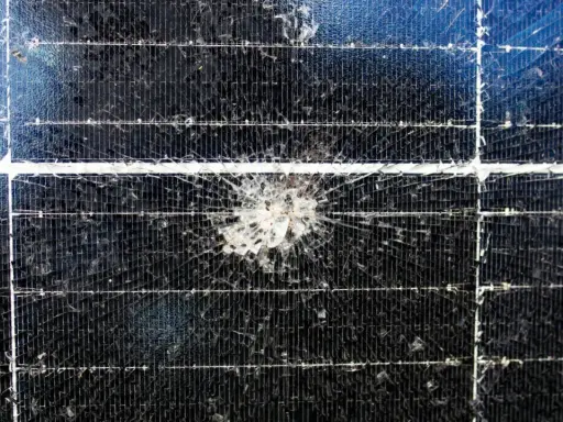 Uszkodzony panel fotowoltaiczny z pęknięciem przypominającym pajęczynę. Warto wiedzieć, jak wykryć uszkodzony panel fotowoltaiczny, by zapewnić jego sprawność.