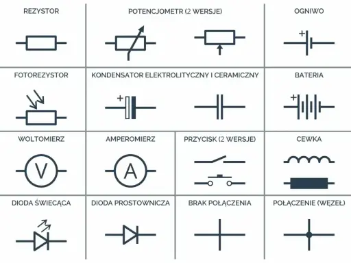 Zbiór podstawowych symbole automatyka: rezystor, potencjometr, ogniwo, fotorezystor, kondensator, bateria, woltomierz, amperomierz, przycisk, cewka, dioda świecąca, dioda prostownicza, brak połączenia, połączenie.