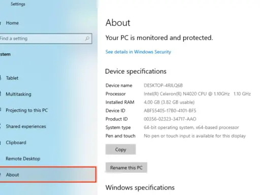 Jak sprawdzić parametry laptopa: ekran "About" w Ustawieniach Windows, pokazuje specyfikacje urządzenia, procesor, RAM i system.