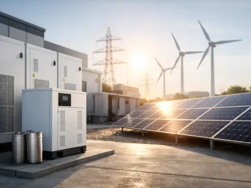 Nowoczesny magazyn energii fotowoltaika z panelami słonecznymi, turbinami wiatrowymi i bateriami.