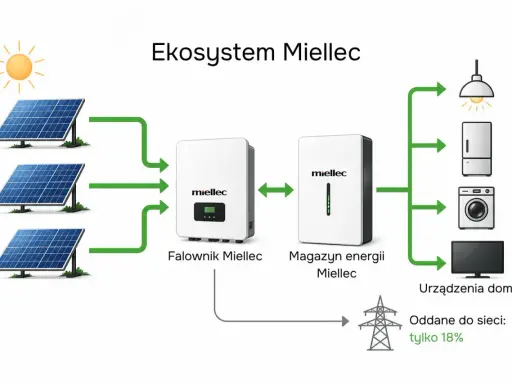 Schemat pokazuje, jak panele fotowoltaiczne zasilają falownik i magazyn energii, zapewniając autokonsumpcję fotowoltaika dla urządzeń domowych.