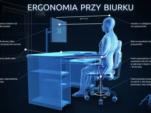 Ilustracja pokazuje, jak ustawić monitor i biurko dla ergonomii pracy. Monitor powinien być na wysokości oczu, w odległości 40-75 cm.