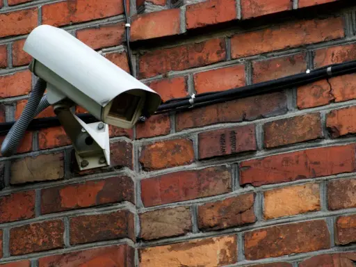 Kamera monitoringu na ceglanej ścianie. Czy do kamer potrzebny jest internet? Ta kamera jest podłączona kablem, więc niekoniecznie.