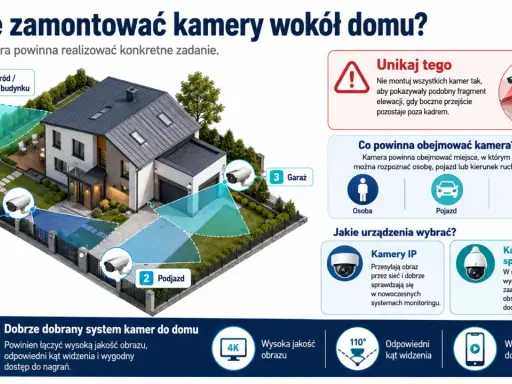 Ilustracja pokazuje, gdzie umieścić rejestrator monitoringu wokół domu: przy furtce, podjeździe, garażu i w ogrodzie.
