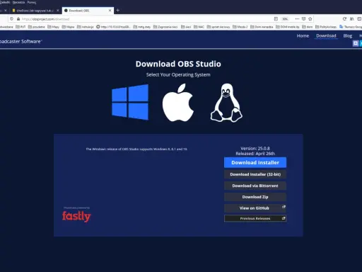 Strona pobierania OBS Studio, gdzie znajdziesz instrukcje, jak nagrywać ekran na komputerze. Wybierz system operacyjny.