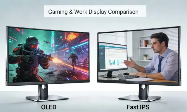 Porównanie wyświetlaczy: po lewej dynamiczna gra akcji na ekranie OLED, po prawej praca biurowa na monitorze z matrycą IPS.