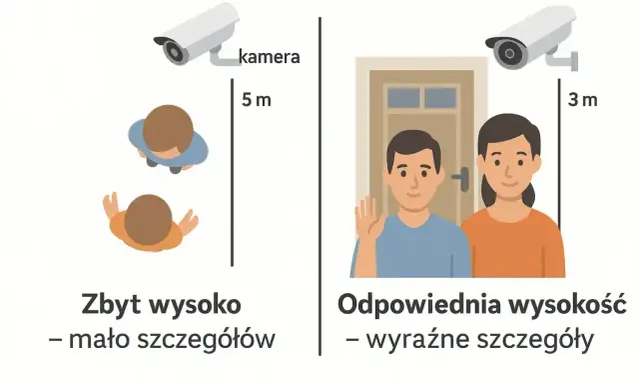 Instrukcja jak uruchomić kamerę wifi: montaż na wysokości 3m zapewnia wyraźne szczegóły, 5m to zbyt wysoko, mało szczegółów.