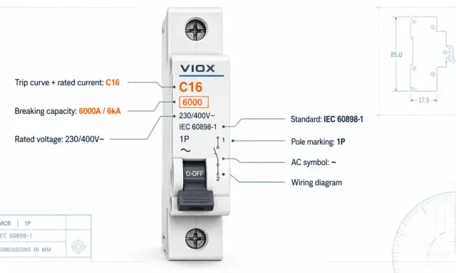 Wyłącznik nadprądowy VIOX C16 z symbolem prądu zmiennego (~), oznaczony jako 1P, zgodny z normą IEC 60898-1.