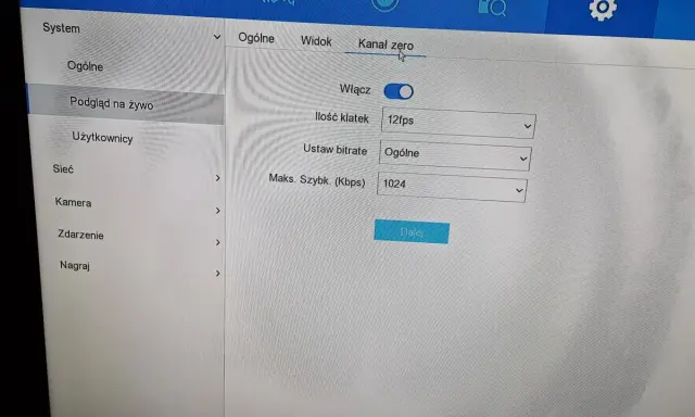 Ustawienia HVR: Podgląd na żywo wyłączony, kanał zero, 12fps, bitrate ogólne, maks. szybkość 1024. Hikvision brak podglądu na żywo.