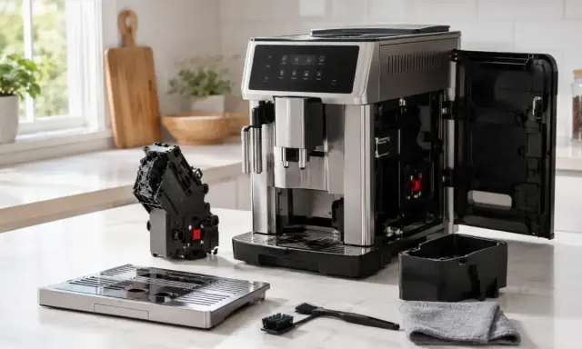 Ekspres DeLonghi z wyjętym modułem zaparzającym i tacką, gotowy do odkamieniania. Obok akcesoria do czyszczenia.