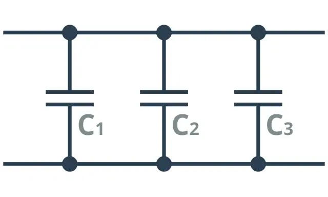 Schemat połączenie równoległe trzech kondensatorów C1, C2, C3.
