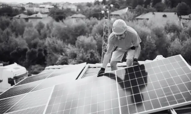 Instalacja fotowoltaiki na dachu. Pracownik w kasku montuje panele. W tle domy i drzewa. Zgoda sąsiada na taką inwestycję jest ważna.