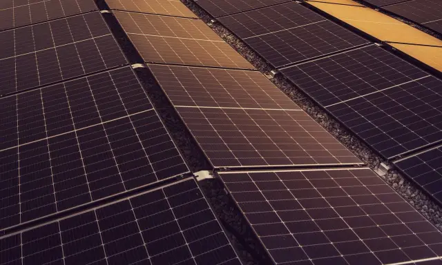 Rzędy paneli fotowoltaicznych, których sprawność zależy od nasłonecznienia. Widoczne są ciemne i lekko złote odcienie.