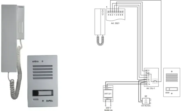 Schemat instalacji domofonowej z elektrozaczepem. Podpowiada, jaki kabel do elektrozaczepu wybrać, pokazując połączenia między unifonem, panelem zewnętrznym i zasilaczem.