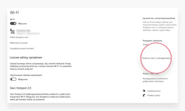 Ustawienia Wi-Fi: włączone, dostępne sieci, centrum sieci i udostępniania. Zarządzaj połączeniami ip wifi.