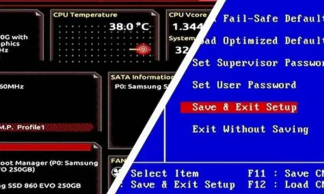 Ekran BIOS-u pokazuje temperaturę CPU 38°C i opcje takie jak "Save & Exit Setup". To jest właśnie co to BIOS.