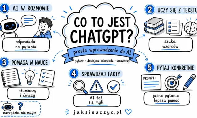 Co to jest czat gpt? Proste wprowadzenie do AI: rozmawia, uczy się, pomaga w nauce, sprawdza fakty i wymaga konkretnych pytań.