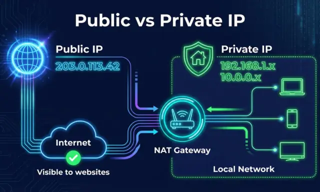 Ilustracja pokazuje, jak sprawdzić IP internetu: publiczne IP (203.0.113.42) jest widoczne w sieci, a prywatne IP (np. 192.168.1.x) jest w sieci lokalnej.