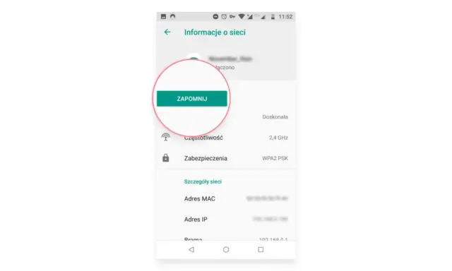 Ekran telefonu z informacjami o sieci Wi-Fi. Przycisk "ZAPOMNIJ" jest podświetlony. Może to pomóc rozwiązać problem z bladym pobieraniem adresu IP.