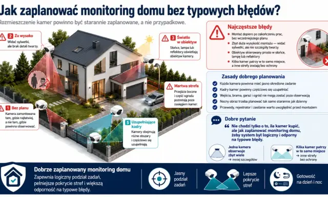 Planowanie systemów inteligentnego budynku: rozmieszczenie kamer, by uniknąć błędów, martwych stref i zapewnić pełne pokrycie.