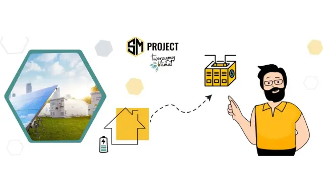 SM Project: podłączenie fotowoltaiki do domu, zasilanie z paneli słonecznych i magazynu energii. Mężczyzna wskazuje na schemat.