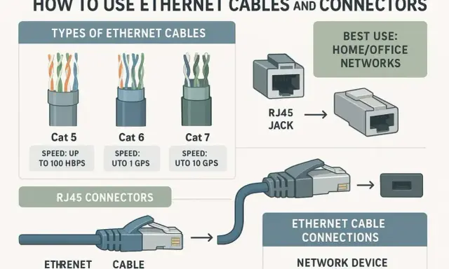 Ilustracja wyjaśnia, rj45 co to jest: złącze do kabli Ethernet Cat 5, 6, 7, używane w sieciach domowych i biurowych.