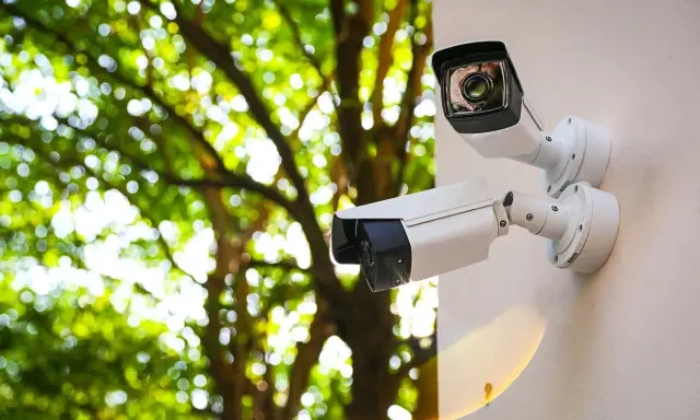 Dwa białe kamery monitoringu na ścianie, za nimi zielone liście drzew. Monitoring na działce ROD przepisy.