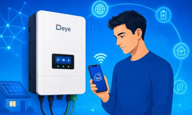 Chłopiec steruje domową instalacją fotowoltaiczną za pomocą aplikacji Deye na smartfonie.