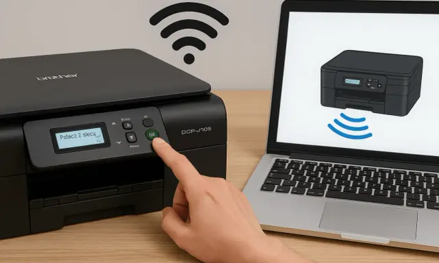 Ręka naciska przycisk "GX" na drukarce Brother, pokazując, jak podłączyć drukarkę do wifi. Na ekranie laptopa widoczny jest schemat połączenia.