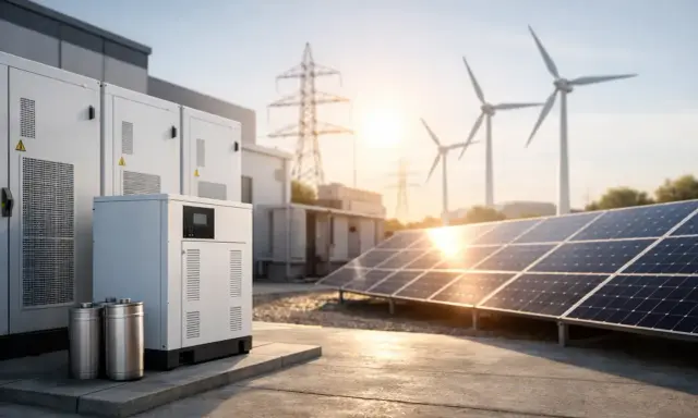 Nowoczesny magazyn energii fotowoltaika z panelami słonecznymi, turbinami wiatrowymi i bateriami.