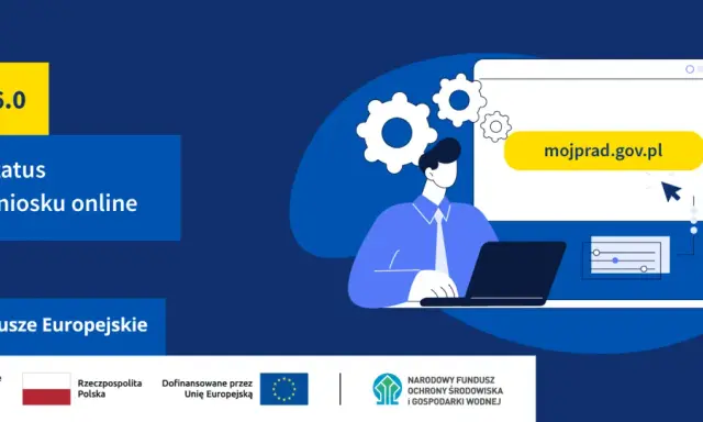 Grafika informuje, jak wypełnić wniosek Mój Prąd 6.0. Sprawdź status swojego wniosku online na mojprad.gov.pl.