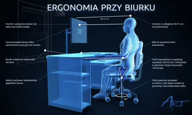 Ilustracja pokazuje, jak ustawić monitor i biurko dla ergonomii pracy. Monitor powinien być na wysokości oczu, w odległości 40-75 cm.