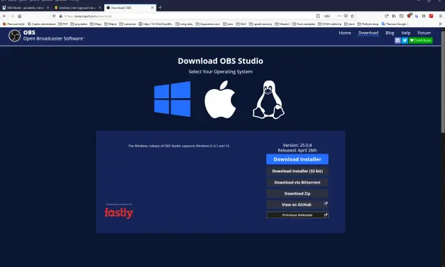 Strona pobierania OBS Studio, gdzie znajdziesz instrukcje, jak nagrywać ekran na komputerze. Wybierz system operacyjny.