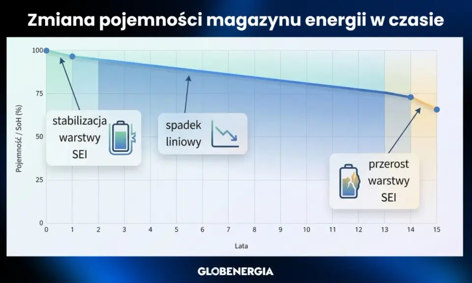 Wykres pokazuje żywotność magazynu energii: stabilizacja warstwy SEI, spadek liniowy, a potem przerost warstwy SEI.