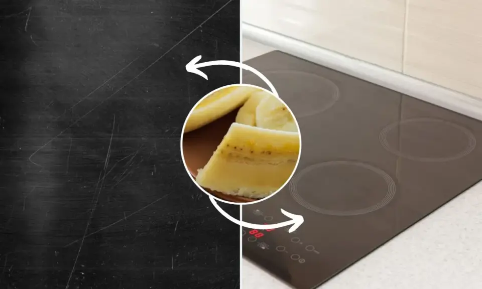 Porysowana płyta indukcyjna przed i po zastosowaniu banana.