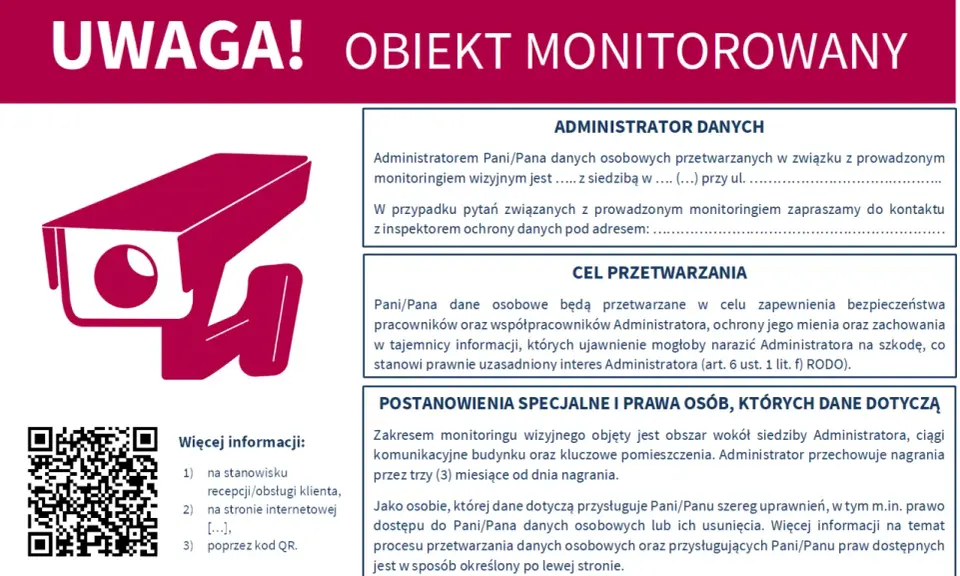 Tablica informacyjna o monitoringu wizyjnym w wspólnocie mieszkaniowej. Przepisy dotyczące ochrony danych. Kamera i kod QR.