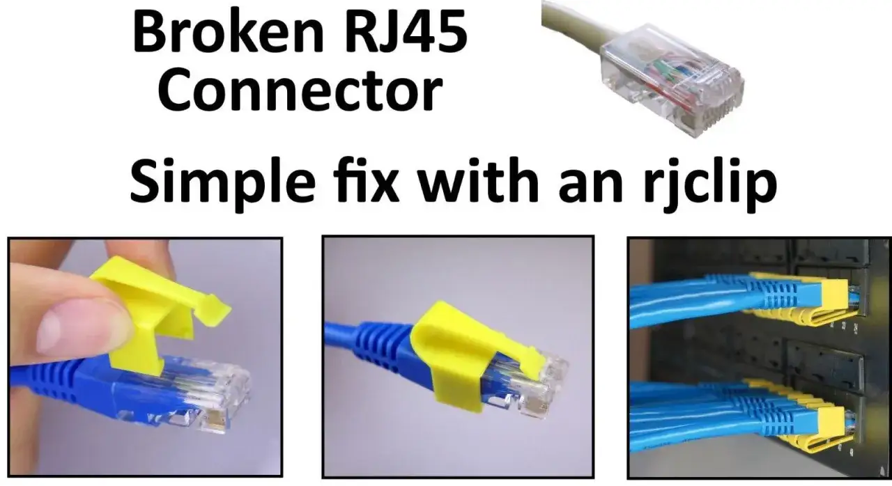 Jak połączyć przecięty kabel internetowy? Prosta naprawa z klipsem RJ45. Zdjęcia pokazują użycie ż&oacute;łtego klipsa do wzmocnienia złącza.