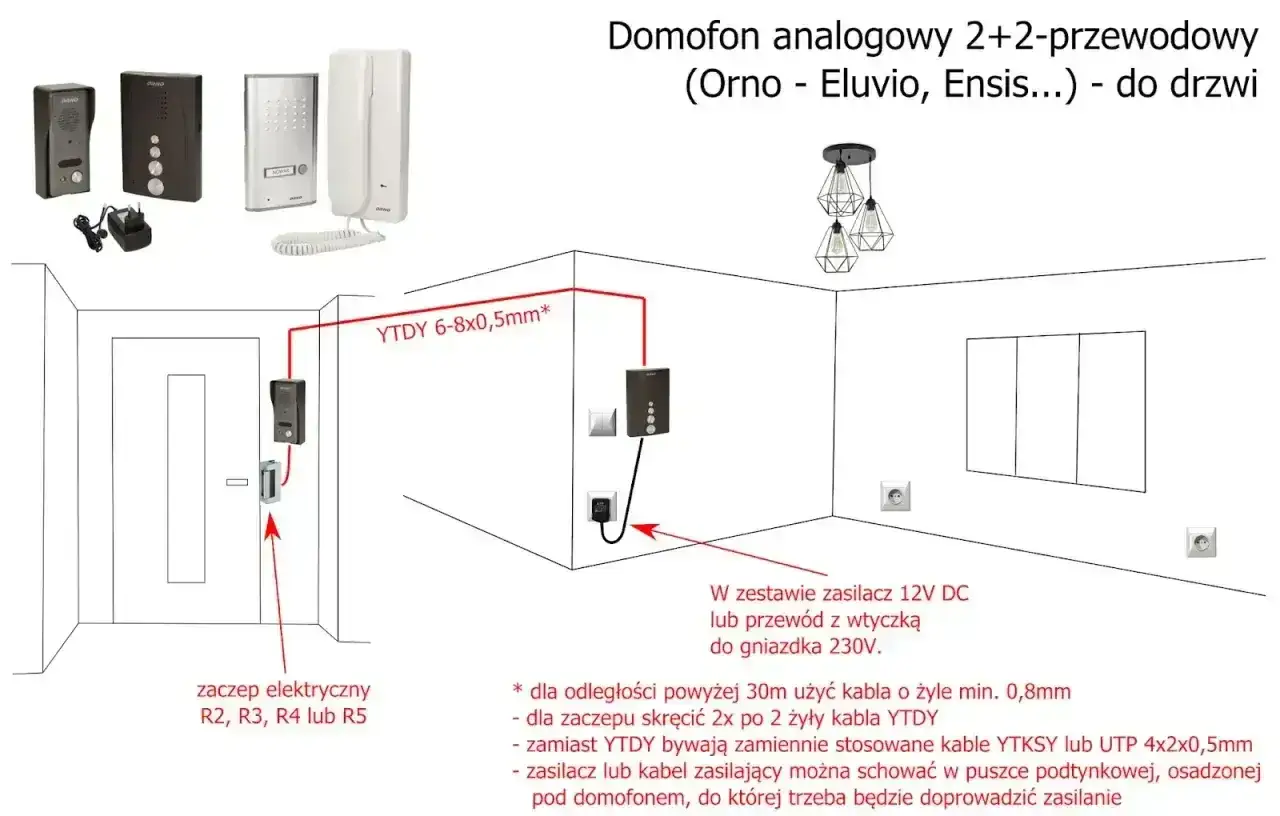 Schemat domofonu analogowego Orno. Pokazuje instalację z zaczepem elektrycznym i zasilaniem.