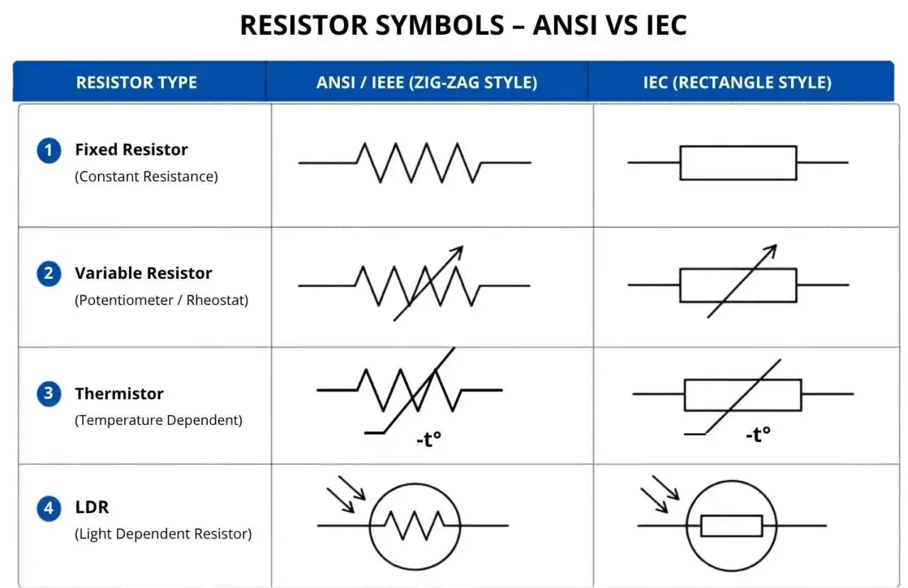 Tabela por&oacute;wnuje symbole oporu elektrycznego: stałego, zmiennego, termistor i LDR w stylach ANSI i IEC.