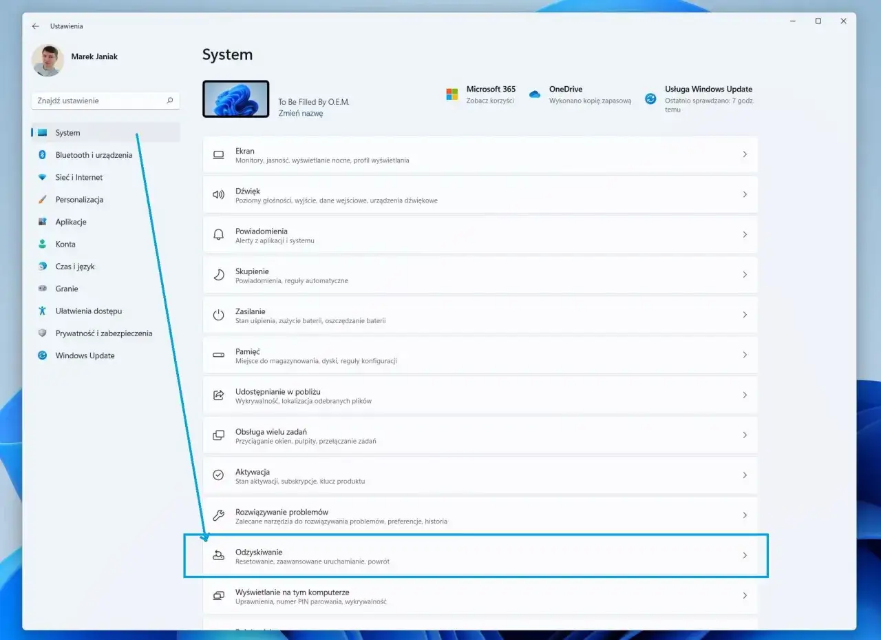 Ustawienia systemu Windows, sekcja Odzyskiwanie. Możliwość wykonania twardy reset laptopa, zaawansowane uruchamianie lub powr&oacute;t do poprzedniej wersji.