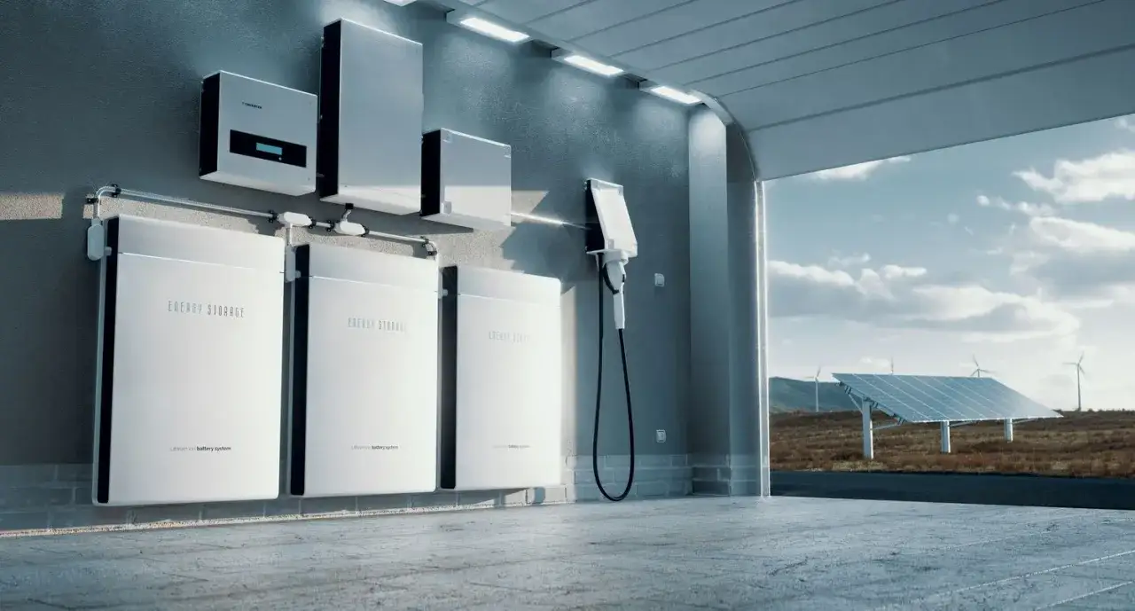 Nowoczesne magazyny energii, falownik i ładowarka EV wiszą na ścianie. W tle panele słoneczne i wiatraki, symbolizujące żywotność magazynu energii.