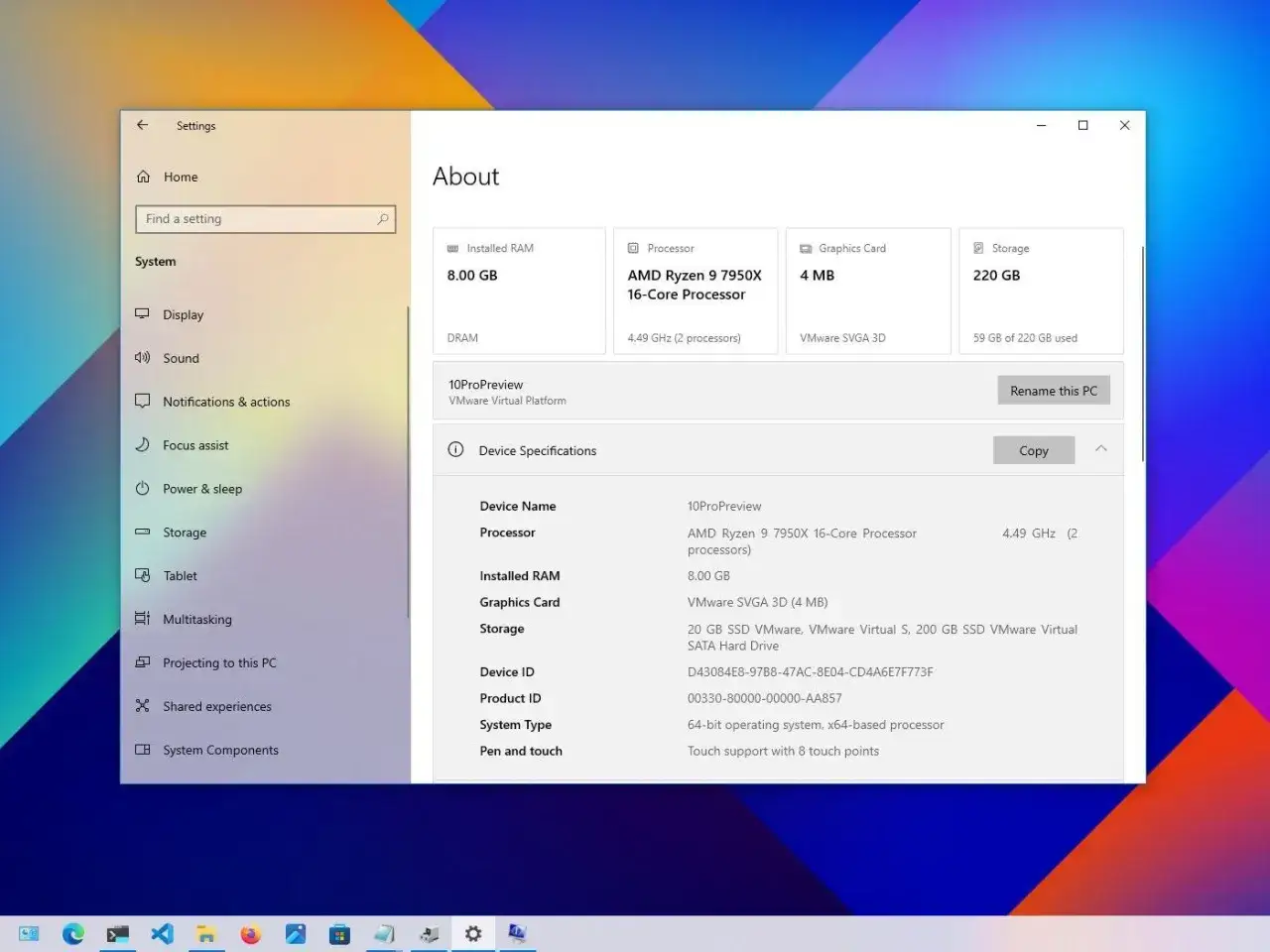 Jak sprawdzić parametry laptopa? Widok ustawień systemu Windows z informacjami o procesorze, RAM, karcie graficznej i dysku.