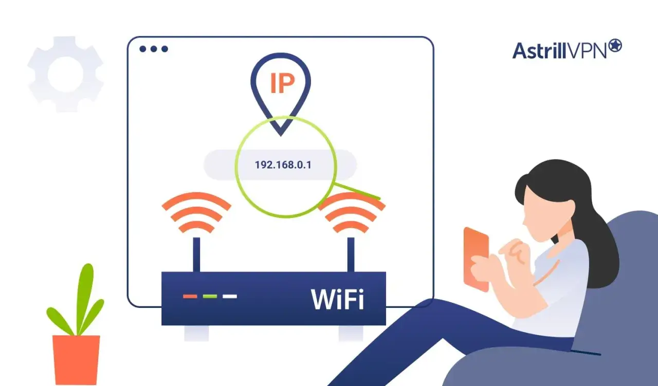 Kobieta korzysta z telefonu, podczas gdy router WiFi pokazuje adres IP 192.168.0.1.