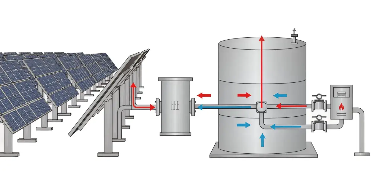 Panele fotowoltaiczne zasilają system grzewczy, gdzie ciepło jest magazynowane w zbiorniku. System działa bez odbioru prądu, wykorzystując energię słoneczną.
