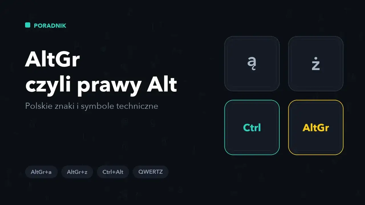 Poradnik o AltGr, czyli prawym Alt, pokazujący polskie znaki i symbole techniczne, np. ą, ż.