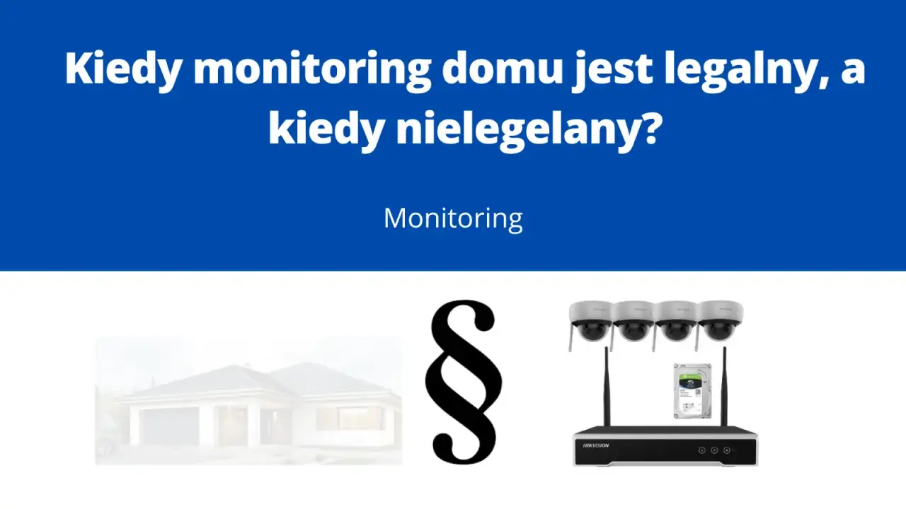 Kamera na posesji: przepisy dotyczące monitoringu domu. Obraz przedstawia dom, paragraf i zestaw kamer Hikvision.
