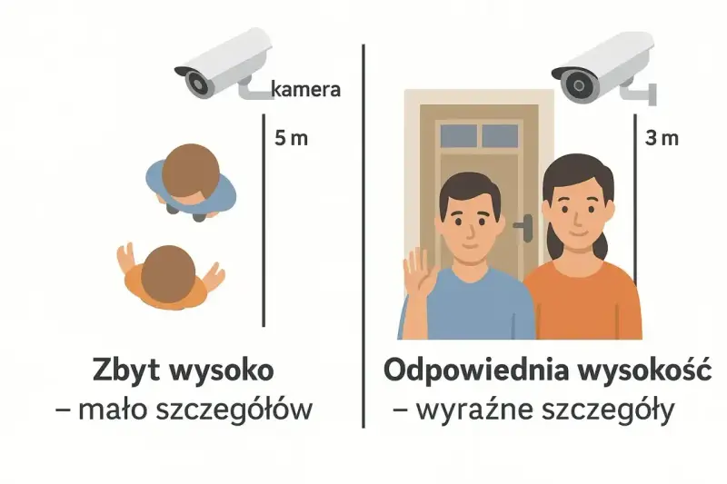 Instrukcja jak uruchomić kamerę wifi: montaż na wysokości 3m zapewnia wyraźne szczegóły, 5m to zbyt wysoko, mało szczegółów.