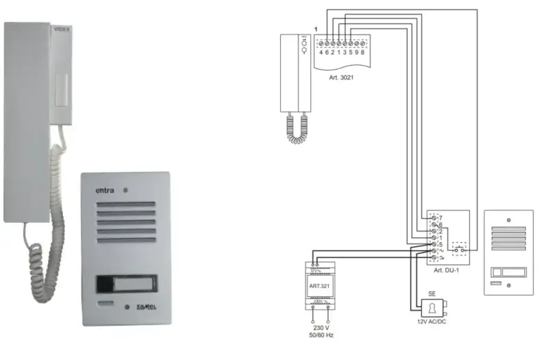 Schemat instalacji domofonowej z elektrozaczepem. Podpowiada, jaki kabel do elektrozaczepu wybrać, pokazując połączenia między unifonem, panelem zewnętrznym i zasilaczem.