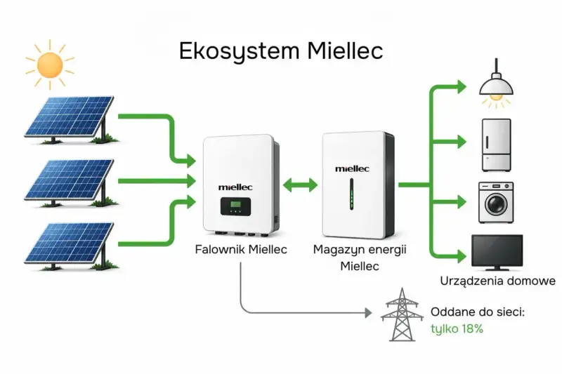 Schemat pokazuje, jak panele fotowoltaiczne zasilają falownik i magazyn energii, zapewniając autokonsumpcję fotowoltaika dla urządzeń domowych.